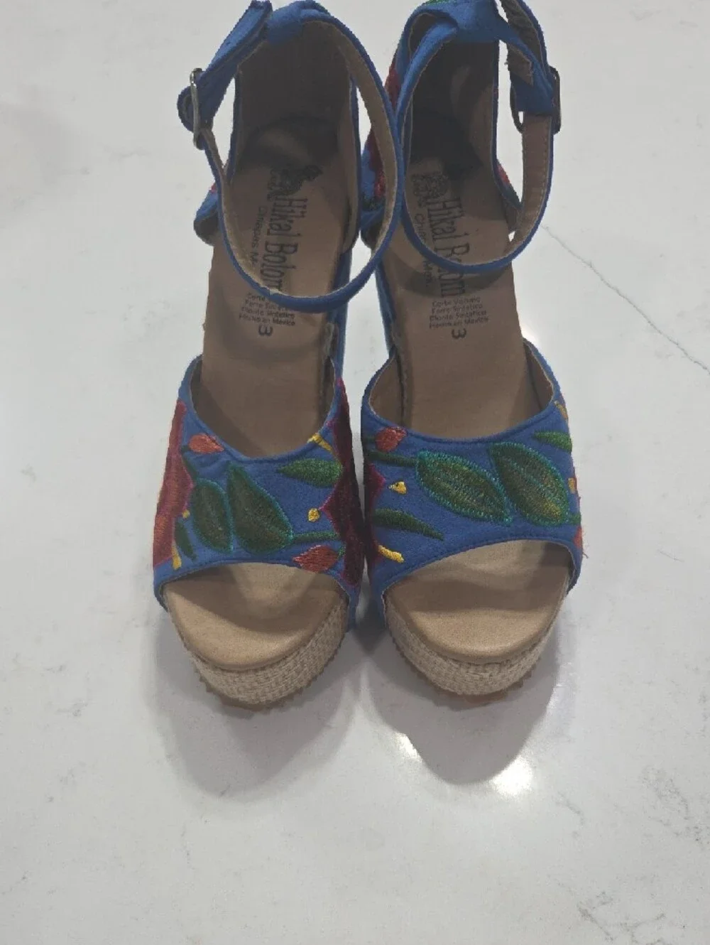 Blue Embroidered Floral Platform Heels